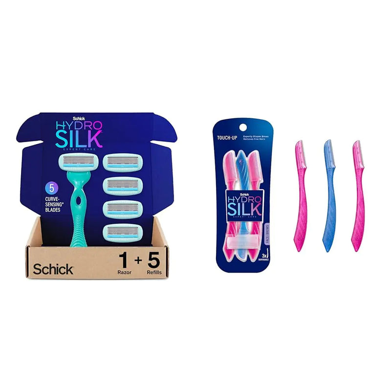 Schick Hydro Silk Sensitive Skin Razor for Women With 5 Moisturizing Razor Blade Refills & Touch-Up Exfoliating Dermaplaning Tool, Face & Eyebrow Razor Razor + Tool