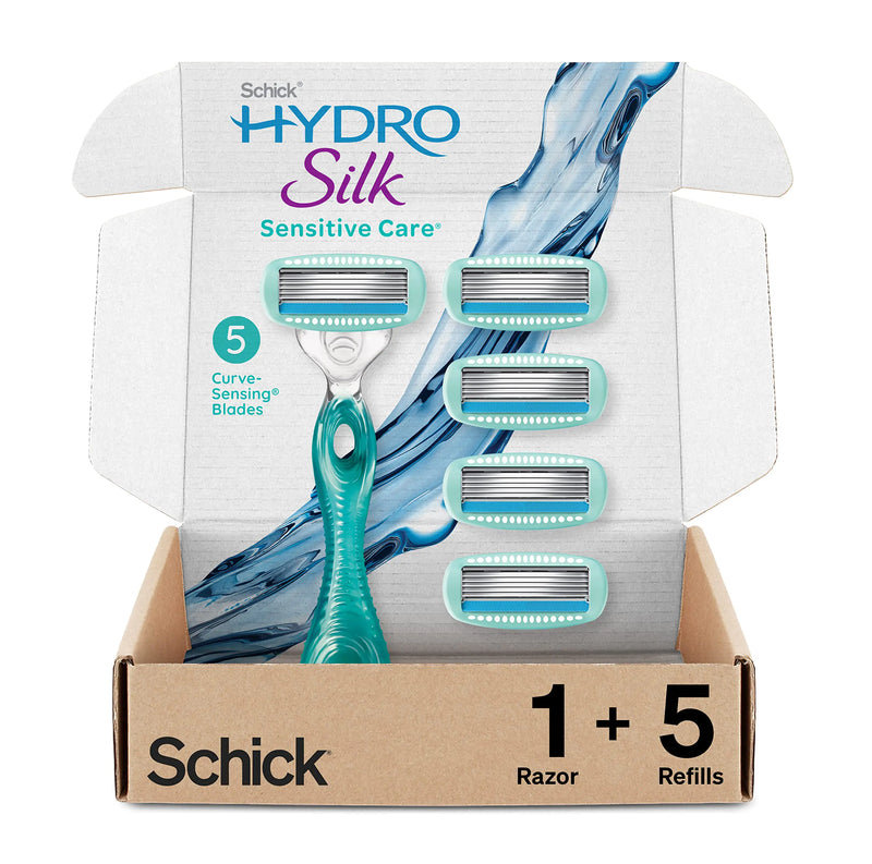 Schick Hydro Silk Sensitive Skin Razor for Women With 5 Moisturizing Razor Blade Refills & Touch-Up Exfoliating Dermaplaning Tool, Face & Eyebrow Razor Razor + Tool